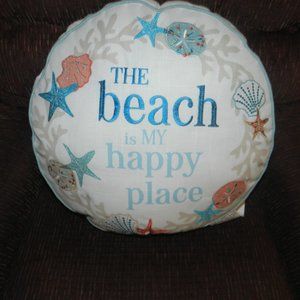 Seashells Beach "The Beach is my Happy Place " Quote Pillow Round NWT